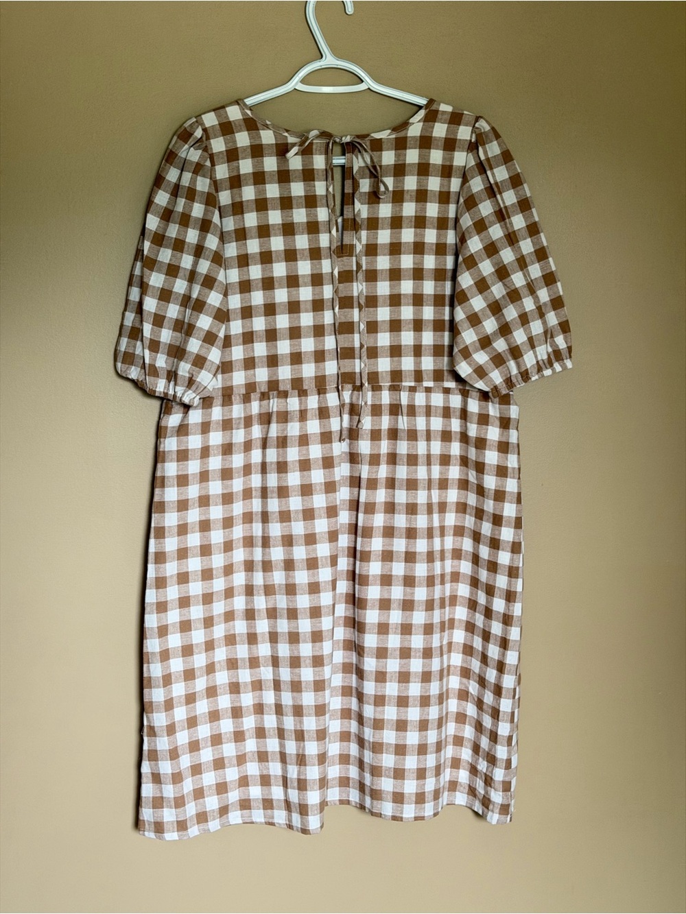 Women’s Brown Gingham Midi Dress with Puff Sleeves Cottagecore - Picture 3 of 8